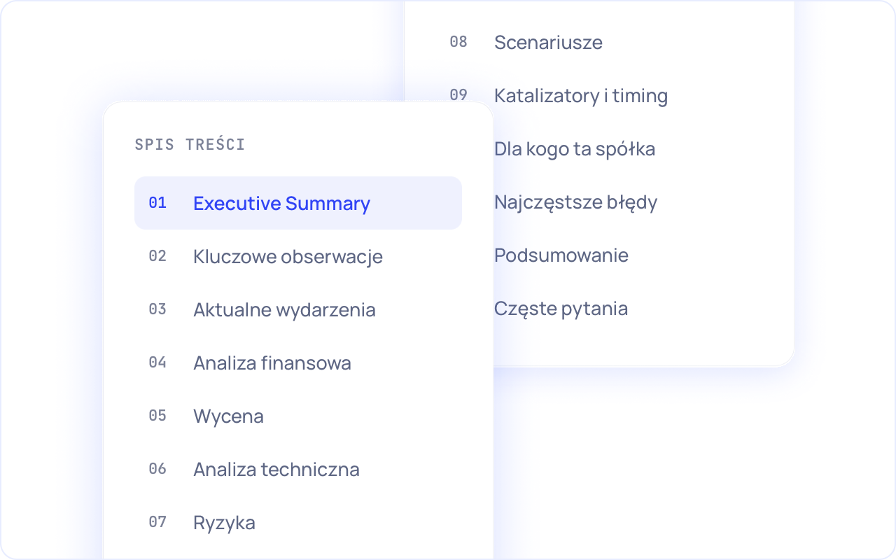 Zakres raportu — spis 11 sekcji analizy spółki